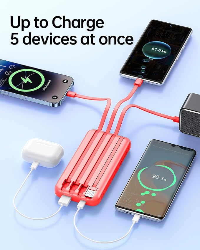 Portable Charger with Built in Cable 20000mAh Fast Charging | Power Bank USB C Slim 22.5W LED Display Battery Pack 5 Outputs & 3 Inputs for Travel Essentials iPhone Samsung Phones Red - Image 5