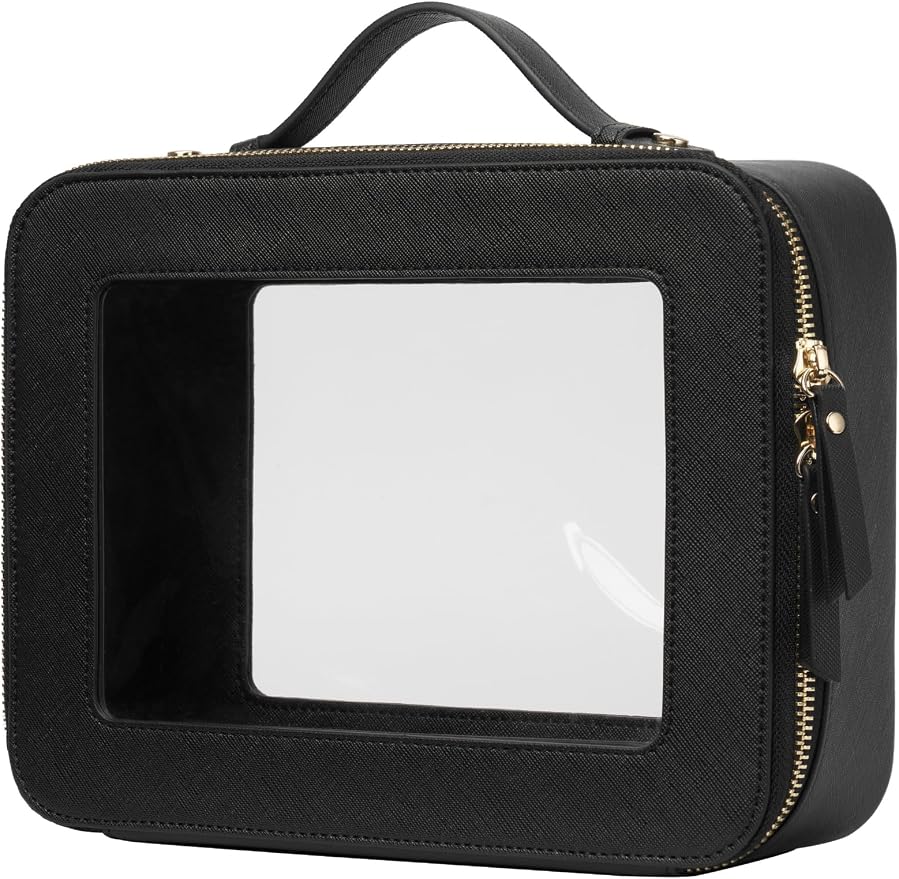 Large Capacity Clear Toiletry Bag for Women Travel Makeup Bag Black | Structured Mahjong Tile Bag with Zipper and Handle, Big Long-trip Cosmetic Case, Waterproof PU Leather, Wide Open Portable by POPVIBE
