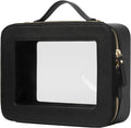 Large Capacity Clear Toiletry Bag for Women Travel Makeup Bag Black | Structured Mahjong Tile Bag with Zipper and Handle, Big Long-trip Cosmetic Case, Waterproof PU Leather, Wide Open Portable by POPVIBE