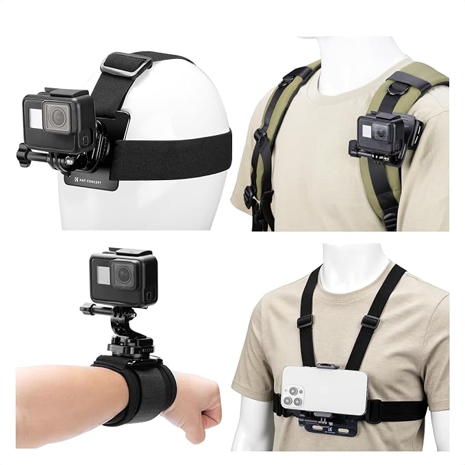 K&F CONCEPT Action Camera Accessories Set for GoPro Hero 13-4 Mission 1 Pro | Chest Mount Harness+Backpack Clip+360° Rotating Head Strap +Wrist Strap for DJI Osmo Action/Pocket 4/3/Insta360 X5/X4, TW06 by KFCONCEPT