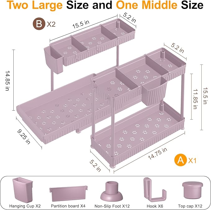 3-Pack 2-Tier L-Shaped Under Sink Organizers with Sliding Drawers | Multi-use kitchen & bathroom storage, 14.85 inch pink cabinet organizer, space-saving sliding drawer design. - Image 6