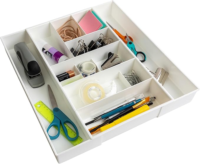 Dial Industries Expandable Junk Drawer Desk Organizer Storage Tray | Adjusts to fit narrow or wide drawers, Keeps pens, tools and small items separated, Great for desks, offices or kitchens by DialIndustries
