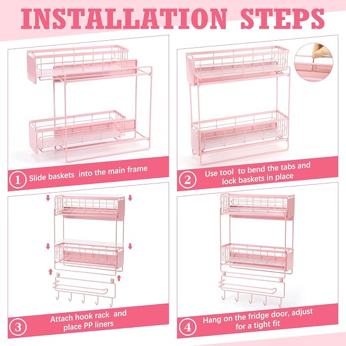 Vercraft 3 Tier Magnetic Dorm Fridge Organizer Heavy Duty 66lbs over Dorm Fridge Shelf Essentials Paper Towel Holder with Sliding Basket Hook Side of Fridges Storage Rack Space Saving Kitchen(Pink) - Image 3