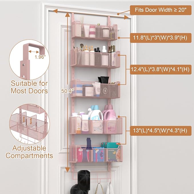 VyGrow Over The Door Organizer, Metal Door Organizer Hanging with 5 Adjustable Baskets and Coat Hook, Behind The Door Storage for Bedroom Closet Bathroom Pantry Cabinet Kitchen, Pink - Image 3