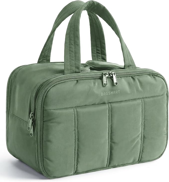 BAGSMART Travel Toiletry Bag, Puffy Large Toiletry Bag for Women, Lightweight Cosmetic Makeup Bag Organizer with Handle for Traveling, Accessories, Essentials, Toiletries (Dark Green) by BAGSMART