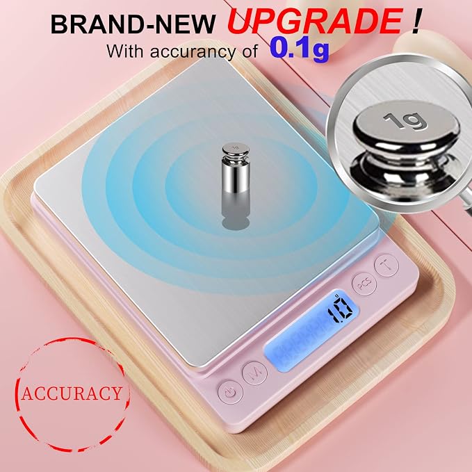 Digital Food Scale for Food Ounces and Grams，YONCON 3000g/0.1gram Accuracy Multifunctional Kitchen Scale for Cooking, Baking | Small Size for Easy Storage | Tare Function, Pink - Image 2
