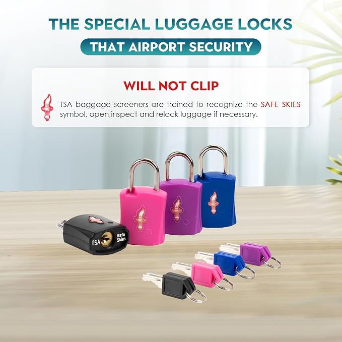 Safe Skies 4-Pack 4-Color Family TSA Travel Key Lock | 4 Colors for Family (Pink/Blue/Purple/Black) | Keyed Alike | 2 Keys/Lock | TSA Safe Skies Approved | 90-Day Warranty - Image 4