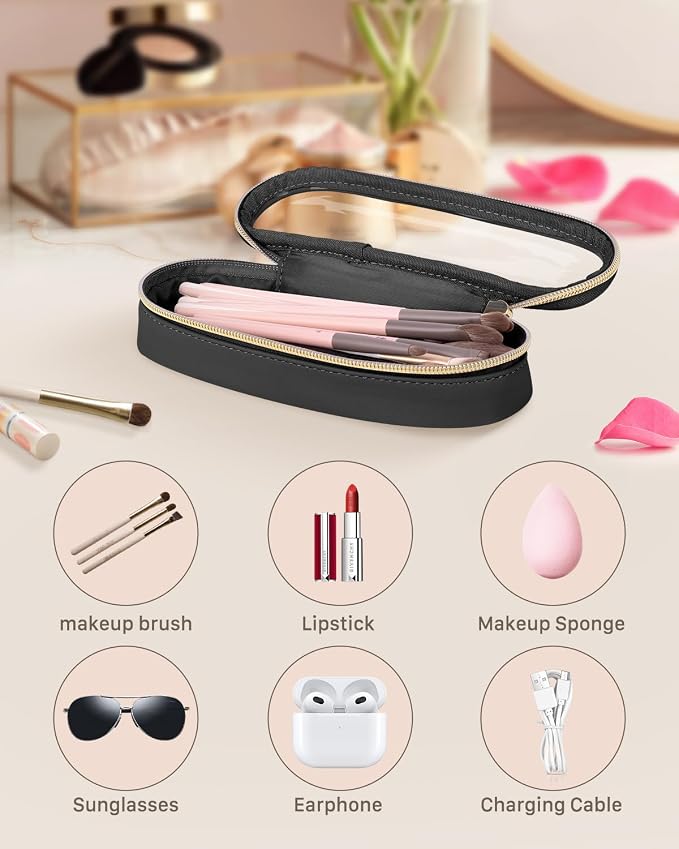 Soimeat Clear Travel Makeup Brush Holder, Leather Makeup Brush Toiletry Bag, Portable Cosmetic Brush Case, Transparent Waterproof Makeup Brush Storage Bag, Black, Large - Image 2