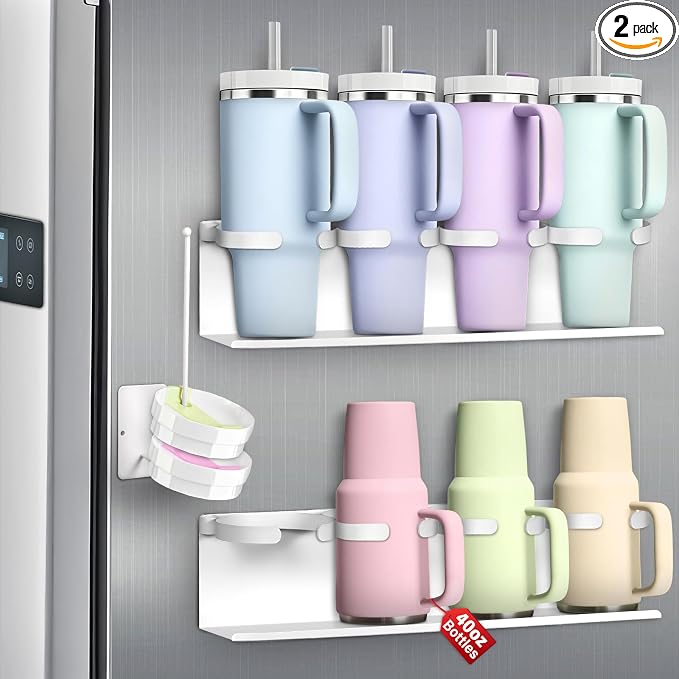 Magnetic Cup Holder for Fridge,8 Cups Water Bottle Organizer for Stanley 30 40 oz with Tumbler Lid Organizer,High Capacity Heavy Duty Kitchen Storage Rack Accessories by linidcoudhome