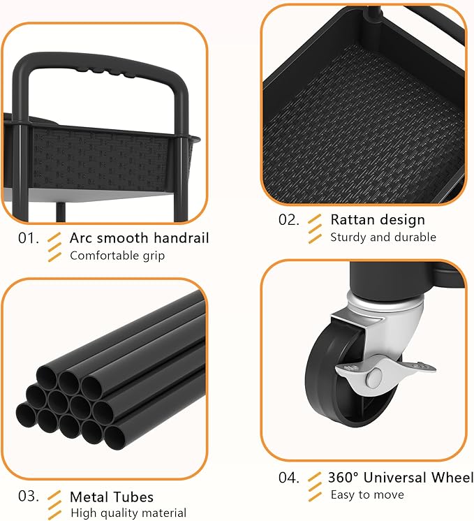 MOYIPIN 4-Tier Plastic Rolling Utility Cart with Handle, Black | Utility Storage Cart for Office, Living Room, Kitchen,Movable Storage Organizer，Easy installation，Rattan-like art design - Image 5