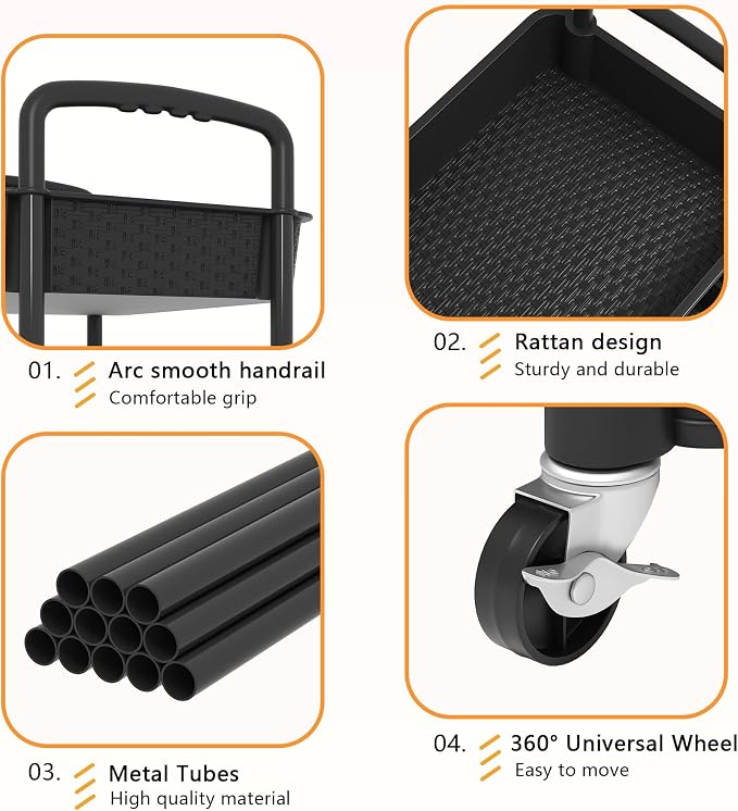 MOYIPIN 3-Tier Plastic Rolling Utility Cart with Handle,Black | Utility Storage Cart for Office, Living Room, Kitchen,Movable Storage Organizer，Easy installation，Rattan-like art design - Image 4