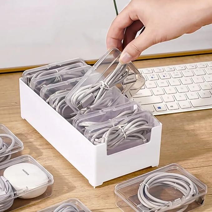 Cable Organizer Storage Box with 7 Wire Ties,Desktop Cable Management Box with Switch, Power Cord Organizer for Office,Home,Desk Accessories Storage Stationery Supplies（Clear） - Image 3