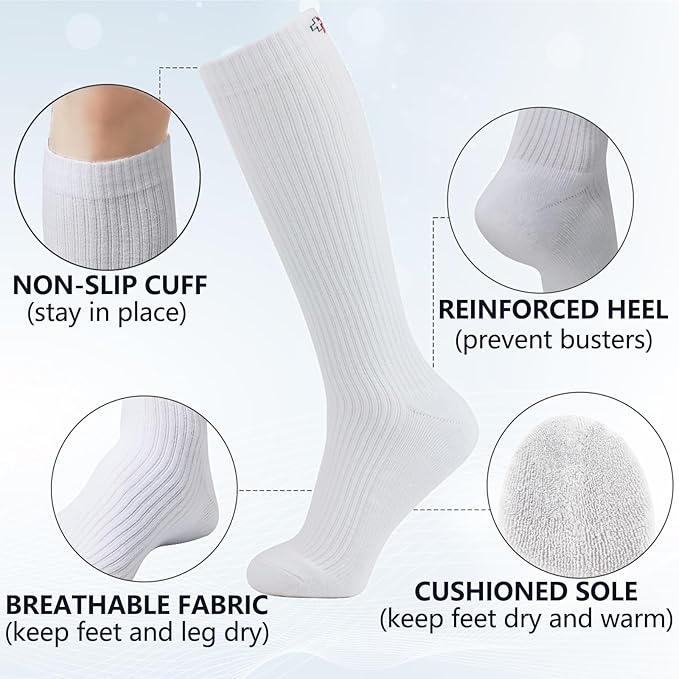 +MD Cotton Compression Socks for Women & Men 4/6 Pairs 15-20mmHg Knee High for Sports, Travel, Nursing Long Sitting Standing - Image 4