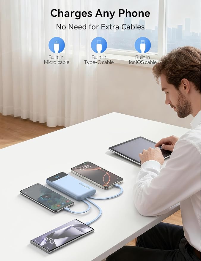 Nusyddy Portable Charger 10000mAh 22.5W w/4 Built-in Cables/6 Outputs Blue | 22.5W Fast Charging, LED Display, Pass Through Charging, Charge 6 Devices at once, TSA Approved, Fits iPhone, iPad, Samsung - Image 7