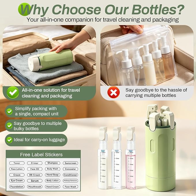 4 in 1 Travel Dispenser Bottle, 4 Pack 30ML Travel Bottles for Toiletries, 4 in 1 Travel Dispenser with Label, Leakproof & TSA Approved Portable Containers for Shampoo Lotion Conditioner Cream - Image 2