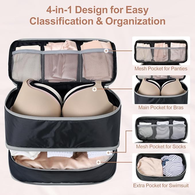 Cambond Travel Underwear Organizer Bag - Bra Organizers for Luggage | Fits A to 36D, 4-in-1 Soft Double Layer, Compression Zip Design, Expandable Compartments Keep Clothes Sorted, Luggage Tidy - Image 3