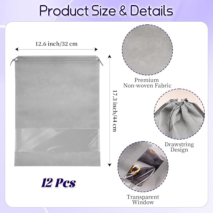 12 Pcs Portable Travel Shoe Bags, 17.3 x 12.6 Inches Waterproof Non-Woven Shoe Organizers Storage Bags, Large Drawstring Shoes Pouch Packing Organizers with Rope for Men, Women, Children (Grey) - Image 2