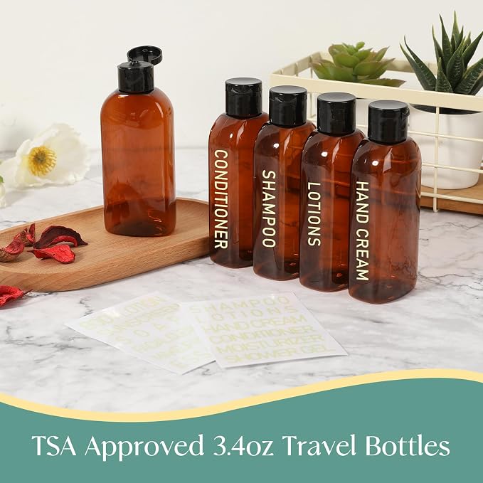 5 Pack Travel Bottles for Toiletries, 3.4oz TSA Approved Travel Containers | Leak Proof Refillable Travel Accessories for Shampoo Conditioner, Plastic Travel Bottles with Toiletry Bag and Label - Image 3