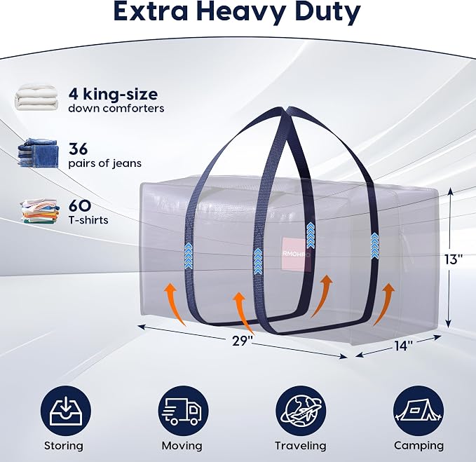 6 Pack Moving Bags Heavy Duty 210GSM with Full-Open Side Zipper, 93L 220lbs Waterproof Foldable Storage Totes for College Dorm Move-In, Moving Boxes Alternative & Home Organization, Blue - Image 2