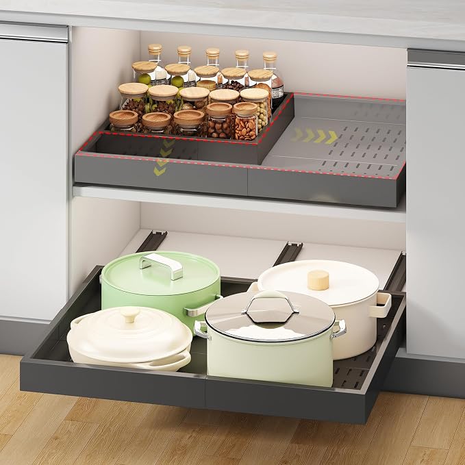 Fokyfok Pull out Cabinet Organizer,14"-21"W,17"-24"D,Expandable,Adhesive | No Drill,3 Rails,Adjustable Slide out Drawers for Kitchen,Pantry,Roll out Shelves,for Cabinets Without Lip,Bathroom,Black,1PC by Fokyfok