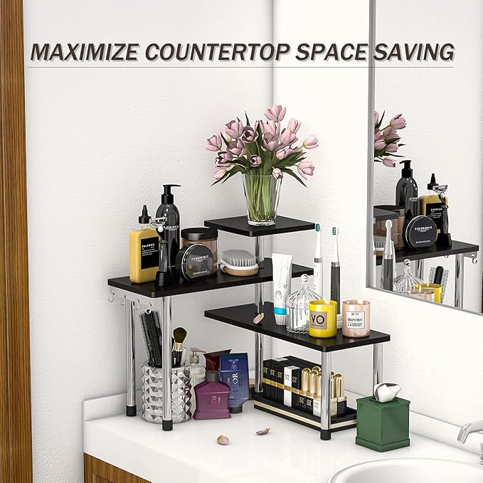 ZHWS Bathroom Counter Organizer Corner Shelf – Bathroom Organization Bamboo 3 Tier Spice Rack Makeup Organizer Bookshelf Space Saving Rack Kitchen Office Living Room, Black - Image 4