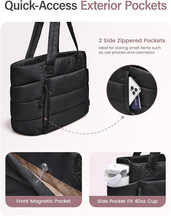 Uselike Tote Bag for Women with Zipper, Quilted Puffer Tote Bag with Compartments, Lightweight Puffy Work Bags for Women - Image 4