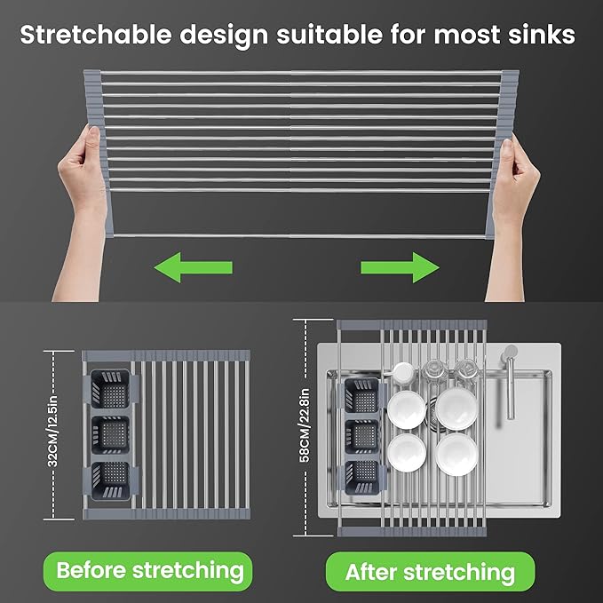 BBXTYLY Expandable Roll Up Dish Drying Rack Up to 22.8''with 2 Storage Baskets,Over The Sink Kitchen Rolling up Dish Drainer Drying Rack, Foldable,Rollable,for Kitchen Dishes(Expandable Width Size) - Image 3