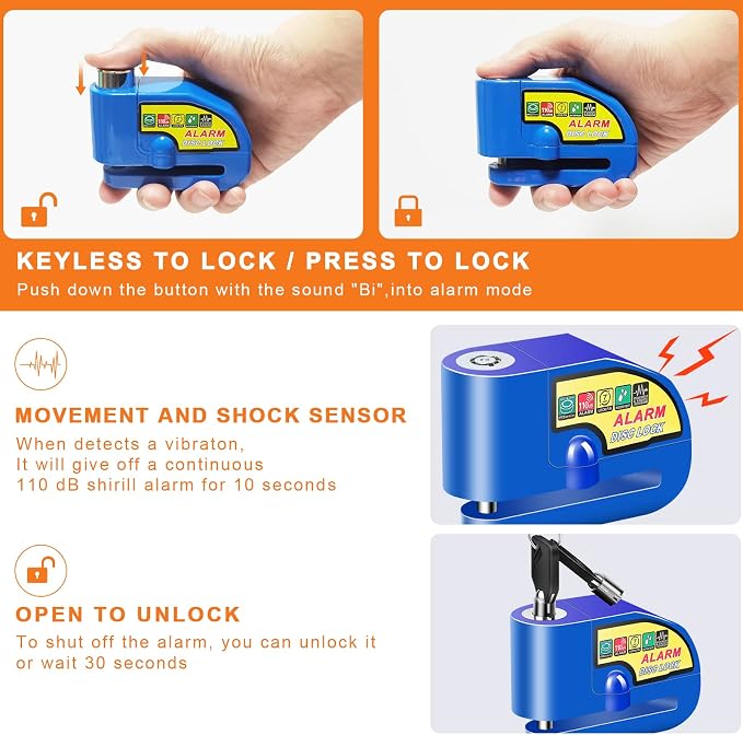 Motorcycle Alarm Disc Brake Lock, Motorcycle Locks Anti Theft Security Wheel Disc Lock Waterproof 110dB Alarm Sound with 5ft Reminder Cable Keys and Carry Pouch for Motorbike Bike Scooter - Image 4
