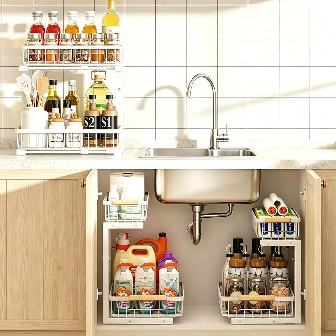 Under Sink Organizer, Height Adjustable Under Sink Organizers and Storage, 2 Tier Pull Out Drawer Cabinet Storage for Kitchen Bathroom, 1 Pack, White | cabinet organizer, 5 level adjustable, quiet sliding rails, dual suction and nano tape, no drill, ru... - Image 6