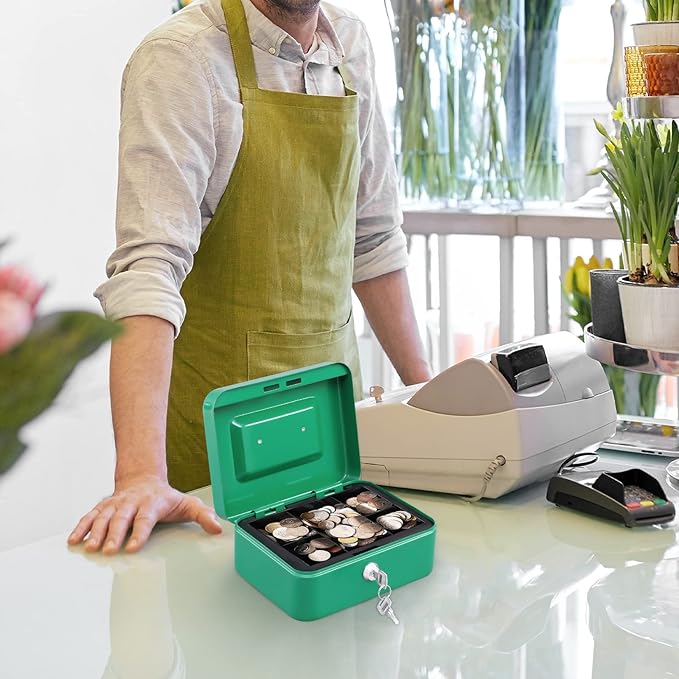 KYODOLED Medium Cash Box with Money Tray,Small Safe Lock Box with Key,Cash Drawer,7.87"x 6.30"x 3.54" Green Medium - Image 6