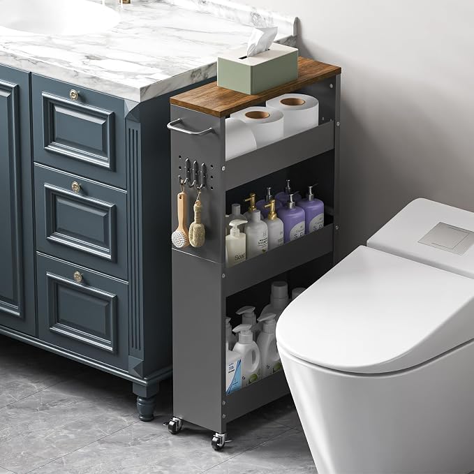 CHLORYARD Slim Storage Cart, 4-Tier Kitchen Rolling Cart Narrow Storage Cabinet with Handle & Wheels, Metal Rolling Shelf Unit for Kitchen Bathroom Laundry Small Places (5.9IN/ Gary/Brown) - Image 7