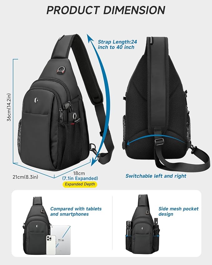 Anti Theft Sling Bag for Men, Expandable Crossbody Chest Bag with Water Bottle Pocket, Travel Sling Backpack Fits 11” iPad & Switch 2 for Commuting, Hiking, Daily Carry, Black | Mens Crossbody Bag - Image 5