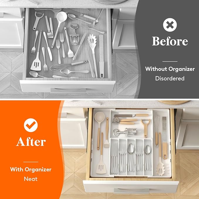 Lifewit Expandable Silverware Drawer Organizer, Utensil Tray for Kitchen | BPA Free Flatware and Cutlery Holder, Adjustable Plastic Storage for Spoons Forks Knives, 12-20.5 x 11.3-19.4 x 1.7, White - Image 8