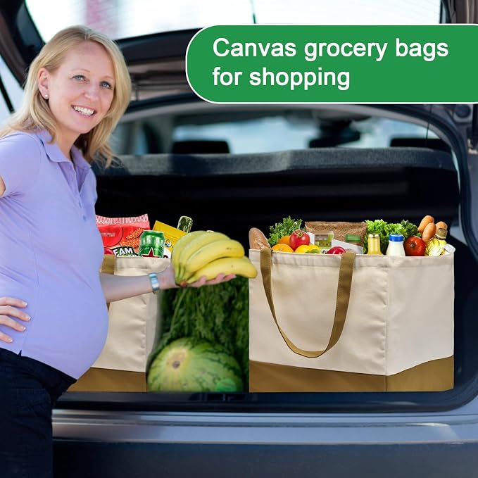 Canvas Reusable Grocery Bags Heavy Duty, 8.3 gal Foldable Large Tote Bag with Handles, Holds 60 lbs Canvas Shopping Bags, 1 Pack - Image 2