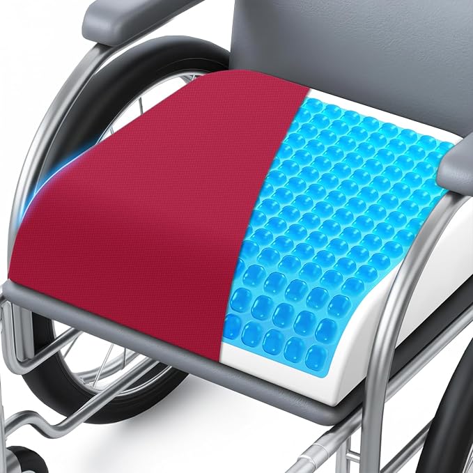 Wheelchair Seat Cushion for Pressure Relief, Cooling Gel Memory Foam Chair Cushion with Slope-Edge Design, Coccyx Support for Tailbone Pain, Non-Slip, for Wheelchairs, Office Chairs & Car Seats, Red by Unknown