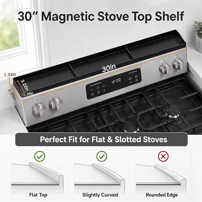 30" Magnetic Stove Top Shelf, Silicone Over the Stove Spice Rack Organizer | Heat Resistant Silicone, Anti-Rattle No-Scratch Range Shelf, 3 Functional Partitions Kitchen Storage for Spices - Image 3