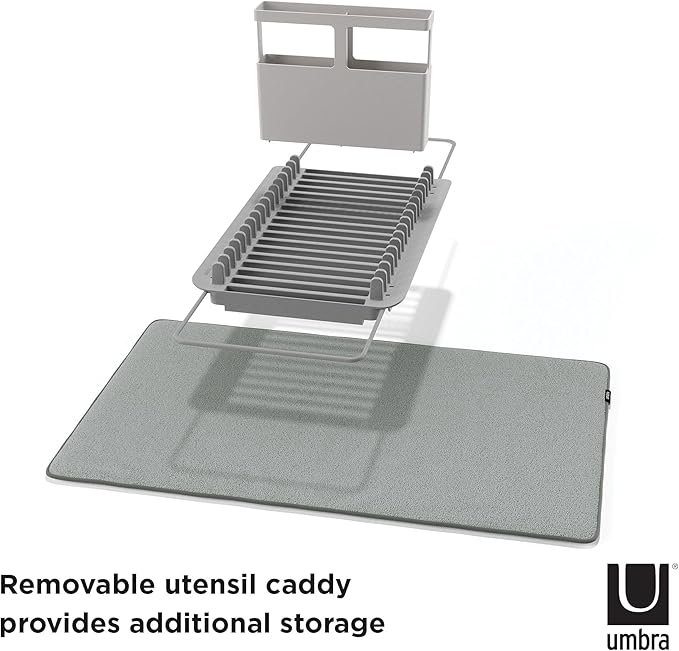 Umbra Udry Dish Drying Rack, Over Sink Foldable, 16 Slots, Dark Grey | Absorbent microfiber mat, arms extend 13 to 22 inches, utensil caddy included, machine washable - Image 5