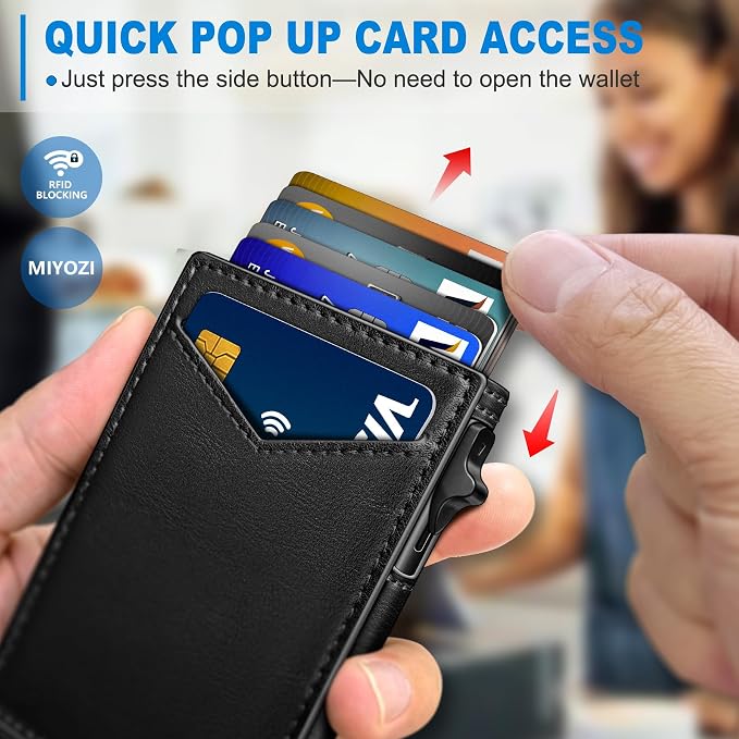 Wallet for Men, Slim Pop Up Card Holder - RFID Blocking Minimalist Bifold Wallet with ID Window, Holds 9-11 Cards & Stretchable Strap, Metal Flip Case with Magnetic Closure, Gift Box - Image 4