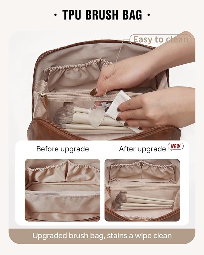 EACHY Travel Makeup Bag for Women, PU Leather Cosmetic Bag, Brown, Large | Water-resistant PU leather exterior with flat-open access, clear TPU brush compartment and organized storage for cosmetics - Image 4