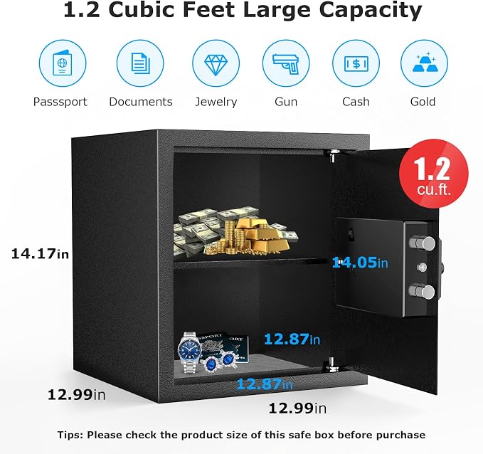 Bonsaii 1.2 Cu. Ft. Security Safe Box, Keypad Lock, Spare Keys & USB Port | Heavy-duty SPHC steel ensures high security for cash, jewelry, and documents. Features passcode, keys, USB Type-C - Image 2