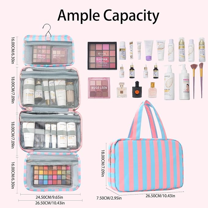 Toiletry Bag for Women Travel Water-resistant Cosmetic Bag Fashion Stripes Makeup Bag with Hanging Hook Preppy for Store Toiletries Cosmetic Accessories Medium Rose Red - Image 4