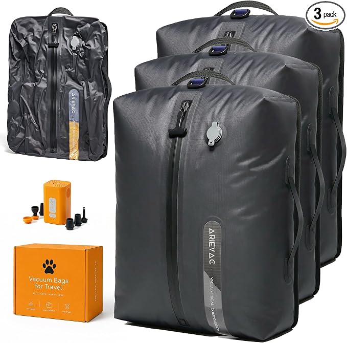IKYWT Vacuum Seal Bags for Travel w/Pump, 18L Compression Packing Cubes for Carry-On Suitcase & Travel Backpack, Reusable IP67 Waterproof Vacuum Storage Kit, Gift Set (3-Pack) by SimplifytheWayYouTravel