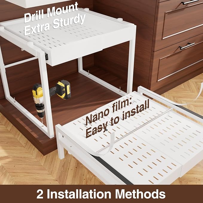 2-Tier Expandable Pull Out Cabinet Organizer, Heavy Duty Adjustable Width Metal Slide Out Shelf, No Screw Cabinet Storage Rack for Kitchen Bathroom 17in Depth Cabinet（White） - Image 6