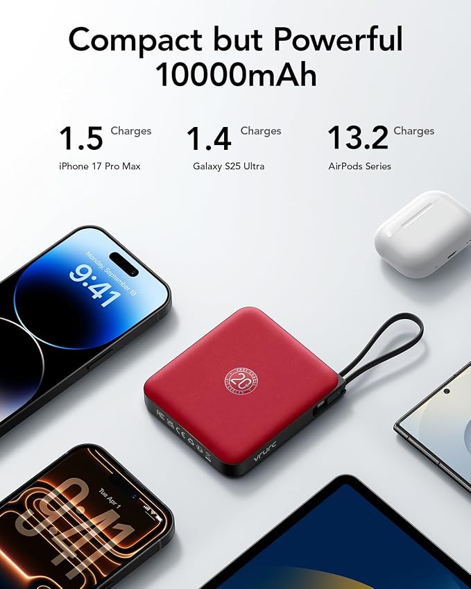 VRURC 10000mAh Portable Charger Power Bank Built-in Cables | Travel Essentials,22.5W Fast Charging,LED Display,Slim,for iPhone 17/16/15 Series & Samsung Series,Battery Pack-Red - Image 6