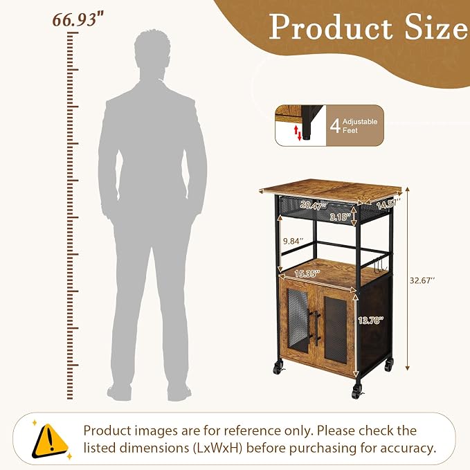 3 Tier Slim Rolling Coffee Cart with 2-Door & Pull-Out Wire Basket Drawer, Coffee Bar Cabinet on Lockable Casters, 32.7" H Microwave Cart with Storage for Home, Kitchen, Living Room (Rustic Brown) - Image 3