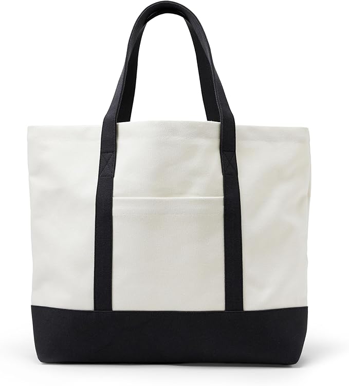 Amazon Essentials Unisex Adults' Large Heavy Duty Canvas Beach Tote Bag, Natural/Black, One Size by AmazonEssentials