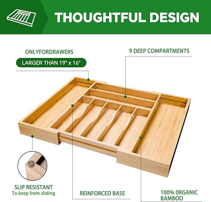 Simple Trending Expandable Bamboo Kitchen Drawer Organizer, Natural | Adjustable Silverware Organizer with 9 Compartments, Practical Utensil Cutlery Tray for Flatware, Flexible Storage - Image 4