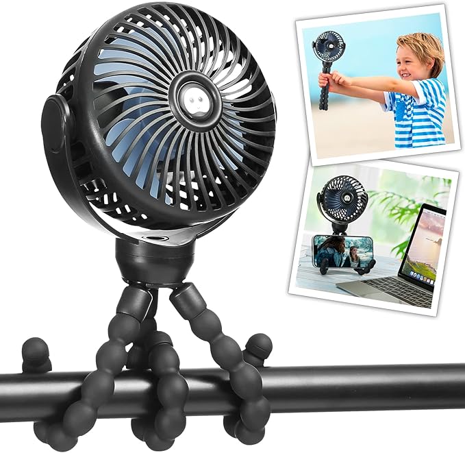 snawowo Mini Portable Baby stroller Fan,Mini Handheld Portable Fan Black | Battery Operated 360° Rotate Flexible Tripod Rechargeable Clip On for Car Seat Crib Bike Treadmill Travel Camping by snawowo