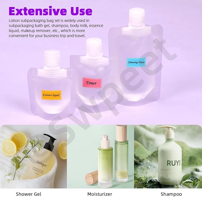 Swpeet 24 Pack 3 Sizes 30ML 50ML 100ML Travel Pouches with Label Paper Assortment Kit, Empty Squeeze Pouches TSA Approved Stand Up Pouch for Toiletry, Portable Travel Fluid Makeup Packing Bag - Image 7