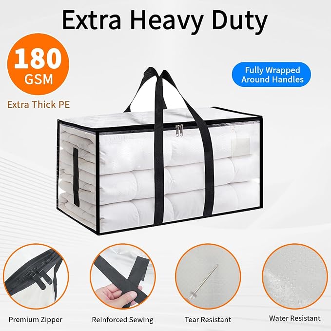 4 Pack-Extra Large Heavy Duty Moving Bags - Waterproof Storage Totes with Handles & Zippers, Foldable for College Dorm, Storage (Clear) - Image 6